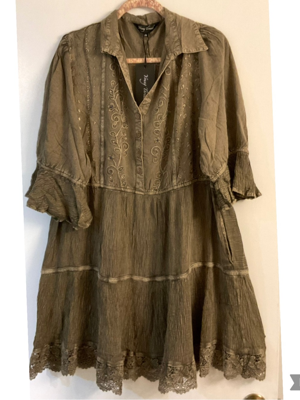 🌷 NWT Young Threads Olive Gray Tiered Dress